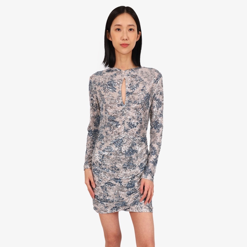 BNWT MAJE SILVER/BLUE GLITTER SEQUIN-EMBELLISHED DRAPED
MINI DRESS SIZE 34